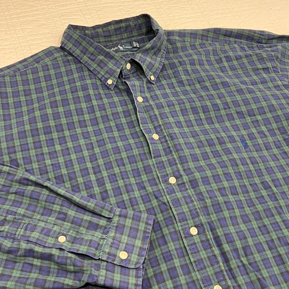 Ralph Lauren Mens 4XLT Tall Plaid Button Down Shirt Green Blue Long Sleeve Pony